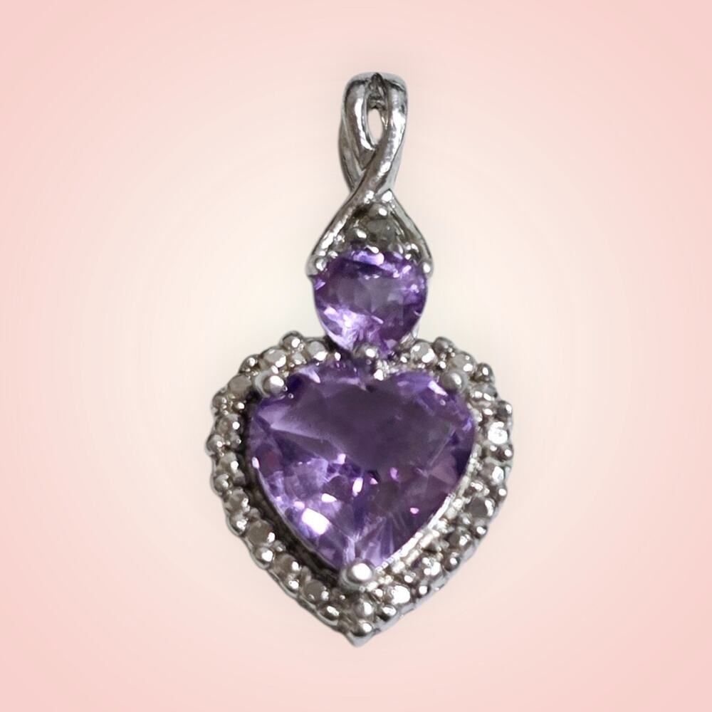 NWOT Sterling Silver 925 Amethyst Heart‎ Pendant With Diamond Accent